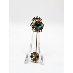 Vintage Forenza Stick Pin Green Cabochon Rhinestone Gold Tone 2.5 Inch
